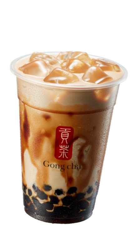 Cup of iced bubble tea from Gong Cha with signature pearls and a creamy, swirled appearance.