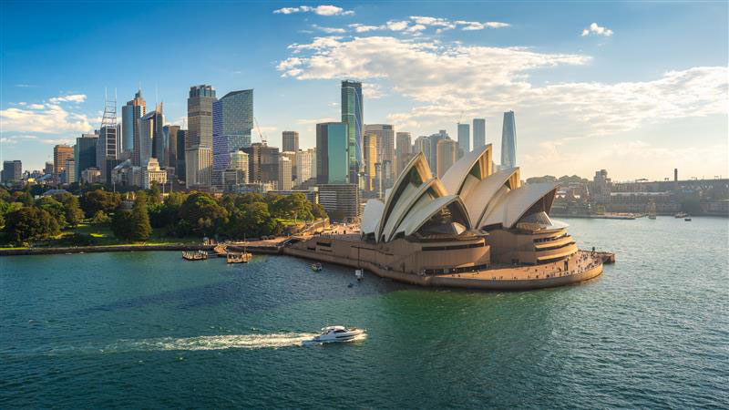 Sydney Opera House with city skyline in the background, surrounded by water, and a boat sailing nearby under a partly cloudy sky.