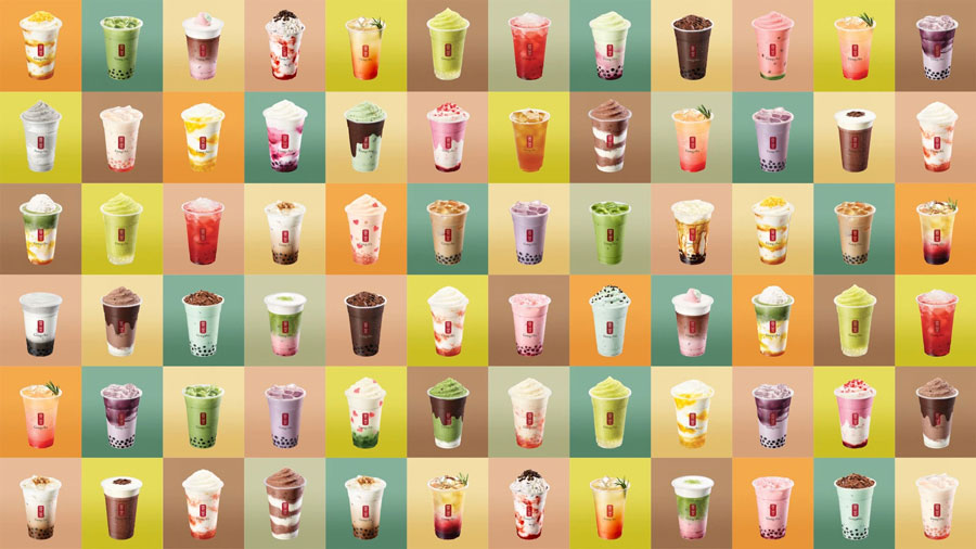 Grid of colorful bubble tea cups with various toppings and flavors, set against a gradient background of warm and cool tones.