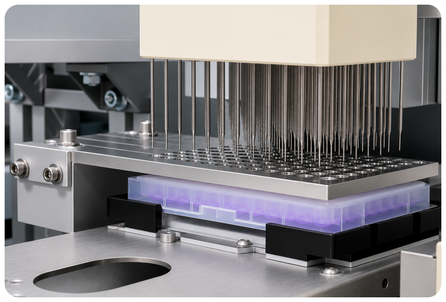 A close-up of a laboratory robotic liquid handling system with multiple metal pipettes above a grid of wells.
