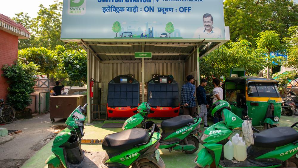 An electric vehicle charging and swapping station in India's capital New Delhi.