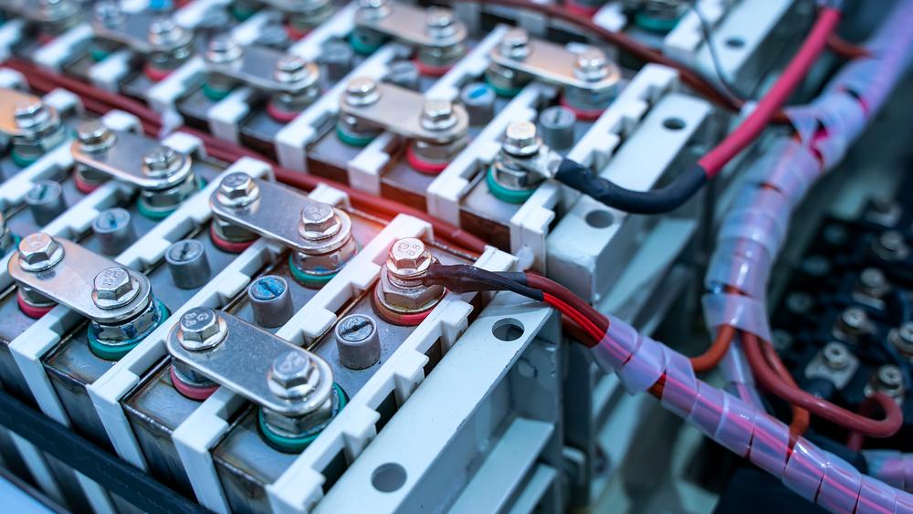 Closeup of Electric car lithium battery pack and wiring connections internal between cells