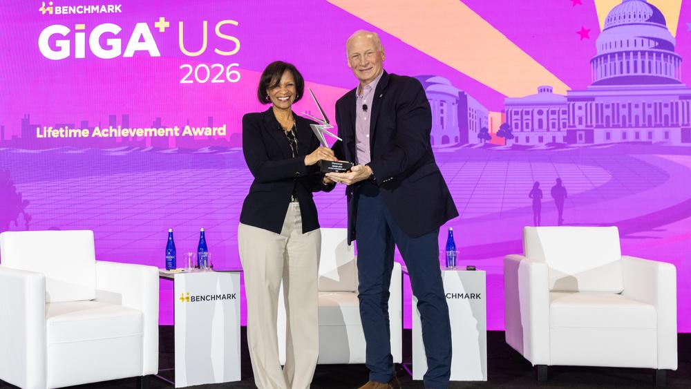 Denise Gray awarded the Benchmark Lifetime Achievement Award by previous winner Bob Galyen