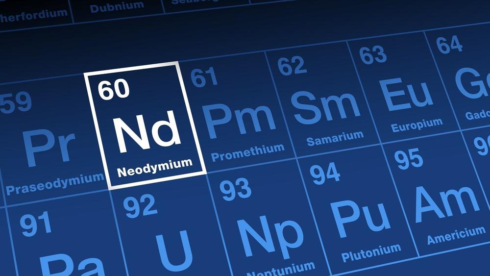 Neodymium, on periodic table. Rare earth metal in lanthanide series, with atomic number 60