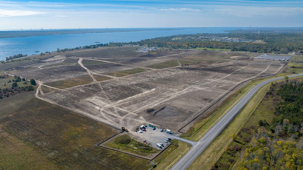 Aerial picture of the site location and future construction site of Umicore battery materials gigafactory in Loyalist, Ontario, Canada - taken in September 2023.