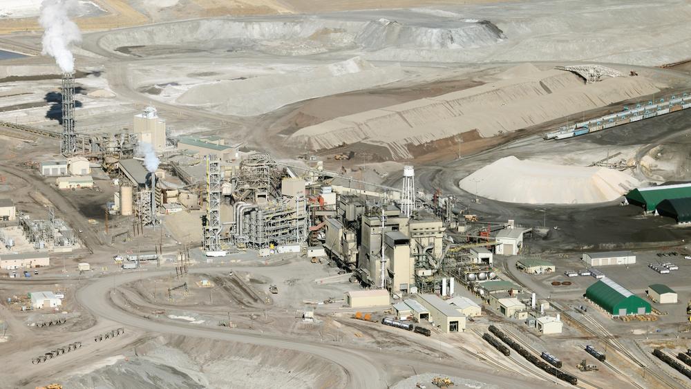 An aerial view of an open pit phosphate mine