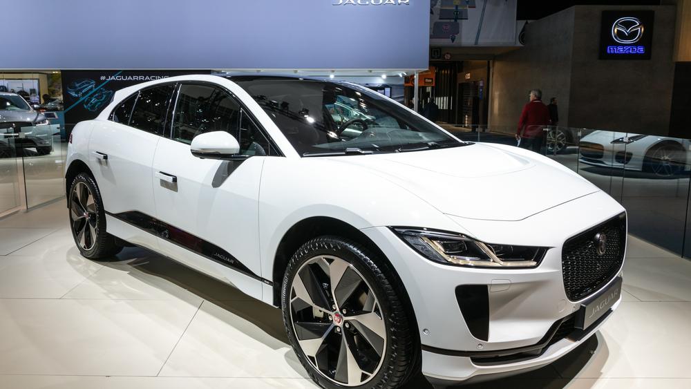 While Jaguar i-Pace EV400 Electric SUV car showcased at the Brussels Motor Show 2019 Autosalon.