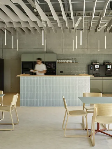 Ansicht Cafeteria mit Kaffeemaschine.