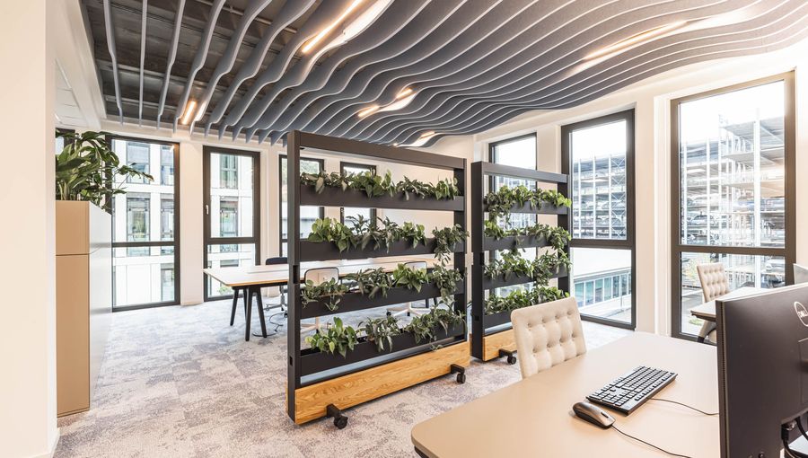 Zeitgemäßer Büroarbeitsplatz mit vertikalen Pflanzenregalen und wellenförmigen Akustikelementen an der Decke.