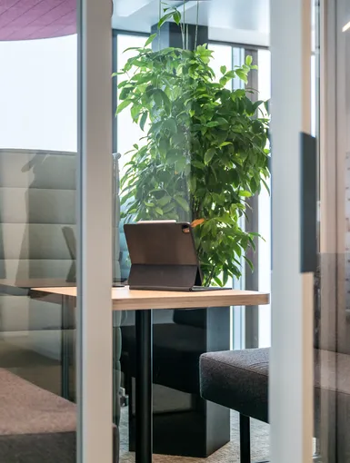 Kleiner Fokusraum mit gepolsterten Booths, Holztisch und Tablet, umgeben von Glaswänden und großer Pflanze.