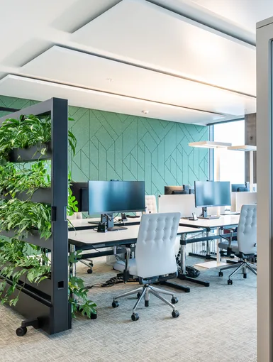 Einzelarbeitsplatz mit hohen türkisfarbenen Akustikwänden, modernem Bürostuhl und großem Monitor in grünem Bürobereich.