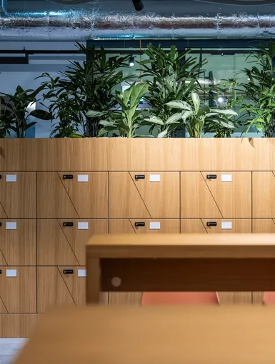 Lockers mit Pflanzenkübel.