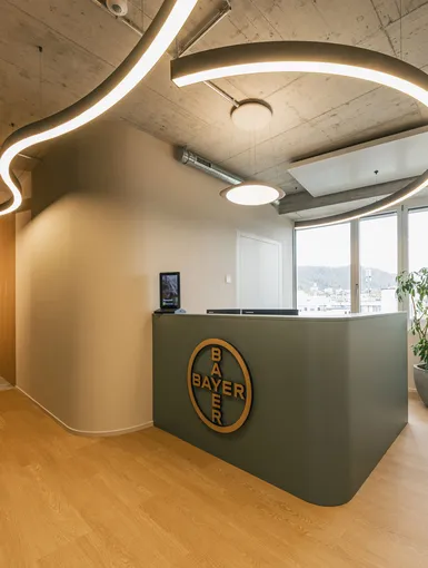 Empfangsbereich mit gebogener LED-Beleuchtung, Holzlamellenwand und großem Bayer-Logo an der Theke.