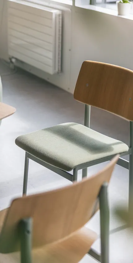 Gemütlicher Büro-Loungebereich mit grünem Sofa, Holzstühlen und kleinen Beistelltischen im Tageslicht.