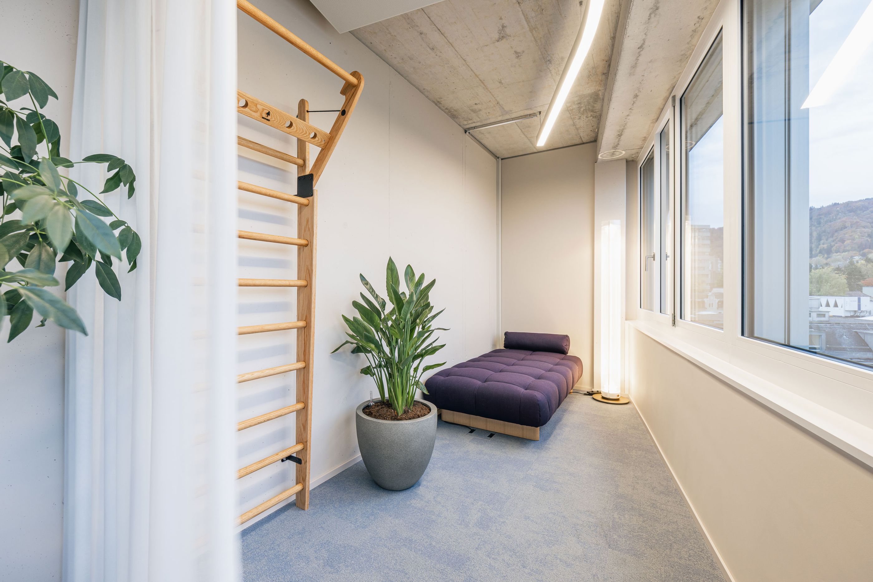 Ruheraum mit Sprossenwand, großer Pflanze und einer gepolsterten Liege neben bodentiefen Fenstern.