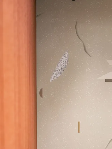 Detailaufnahme einer modernen Bürowand mit abstrakten grafischen Formen und warmen Farbtönen.