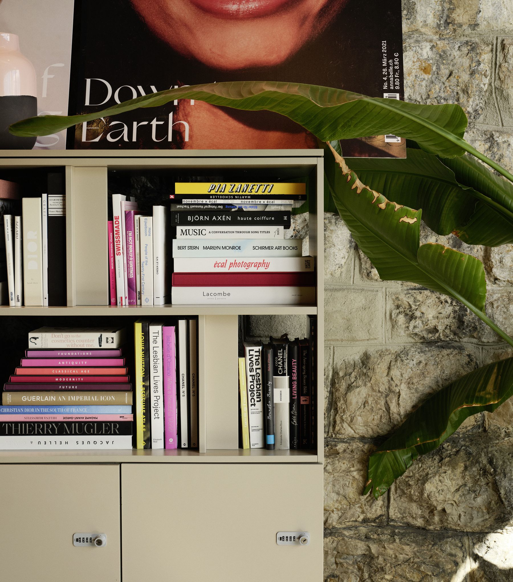 Regalsystem mit stylischen Büchern vor Steinmauer-Wand