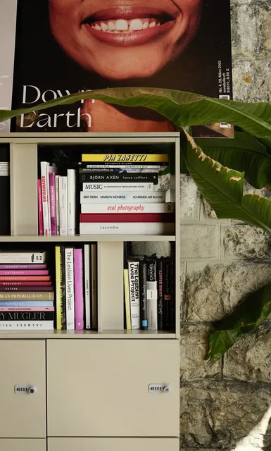 Regalsystem mit stylischen Büchern vor Steinmauer-Wand