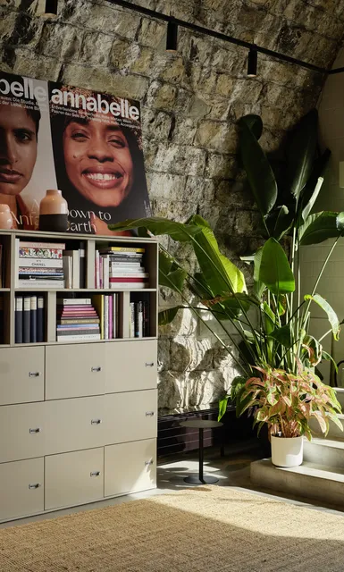 Regal vor Steinwand mit Blick zur Fensterfront mit Magazincover und Pflanzen dekoriert.