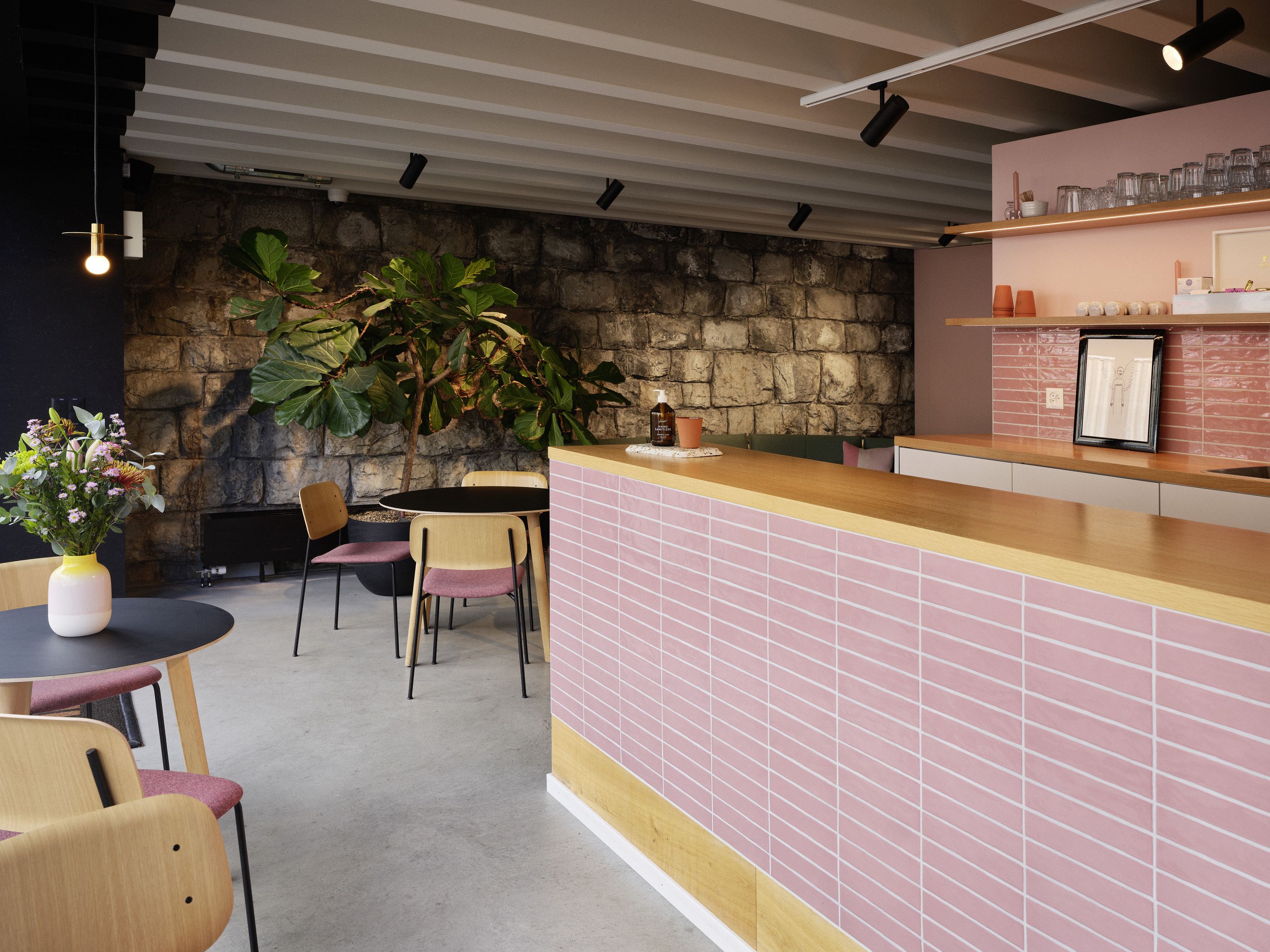 Heller Office-Community-Bereich mit Designsofa, Pflanzenregal und moderner Büroküche.