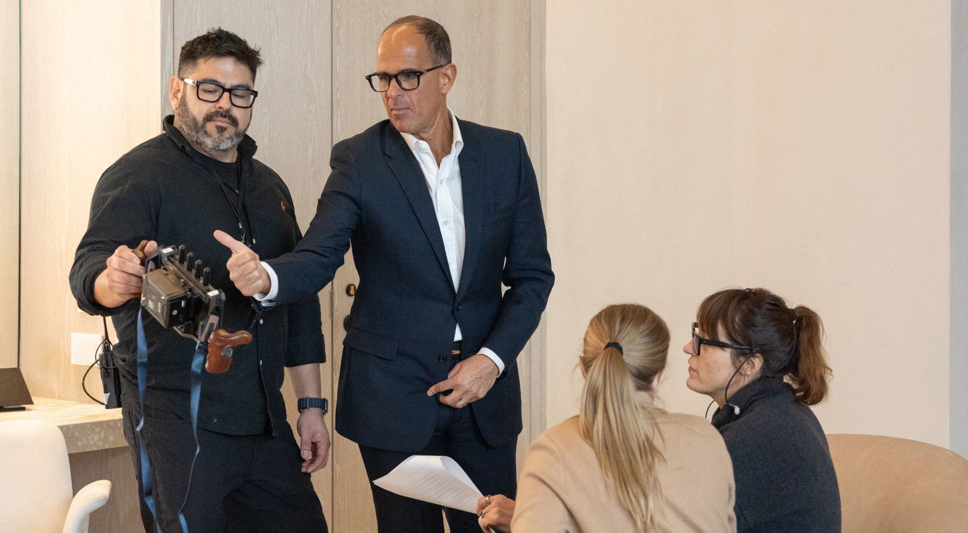 Marcus Lemonis on the set of The Fixer tv series with the production crew.