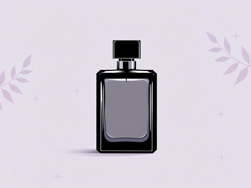 A sleek black perfume bottle on a light background with subtle leaf and star designs.