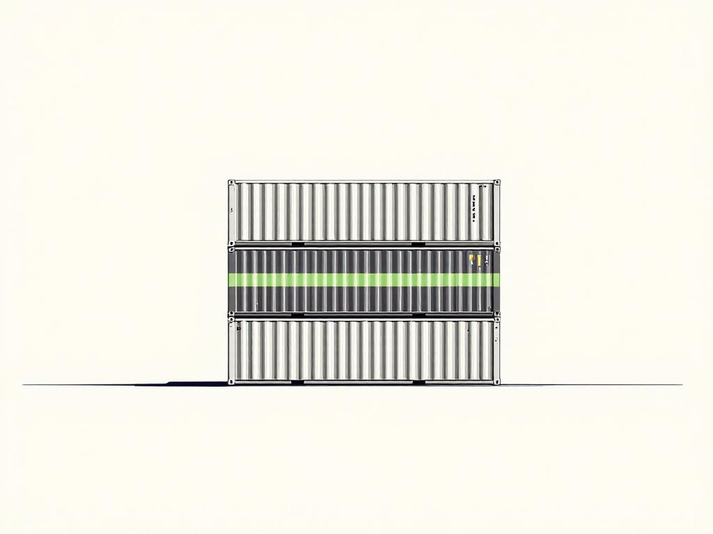 Three stacked shipping containers with a green stripe, set against a plain background, viewed from the side.