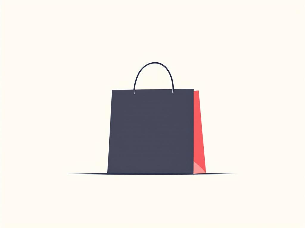 Minimalist illustration of a shopping bag with a dark front and red side, set against a light background.