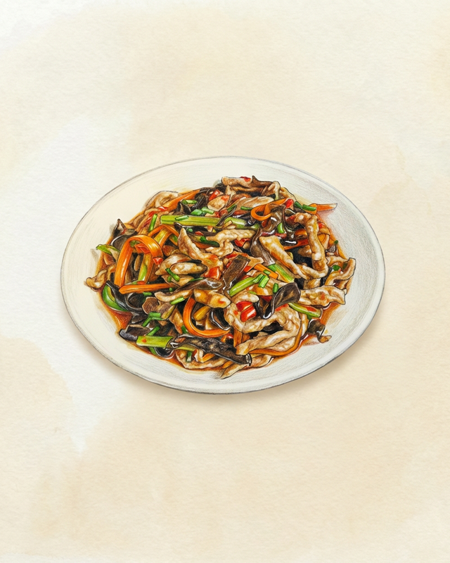 Schweinefleischstreifen in Knoblauch-Chili-Sauce