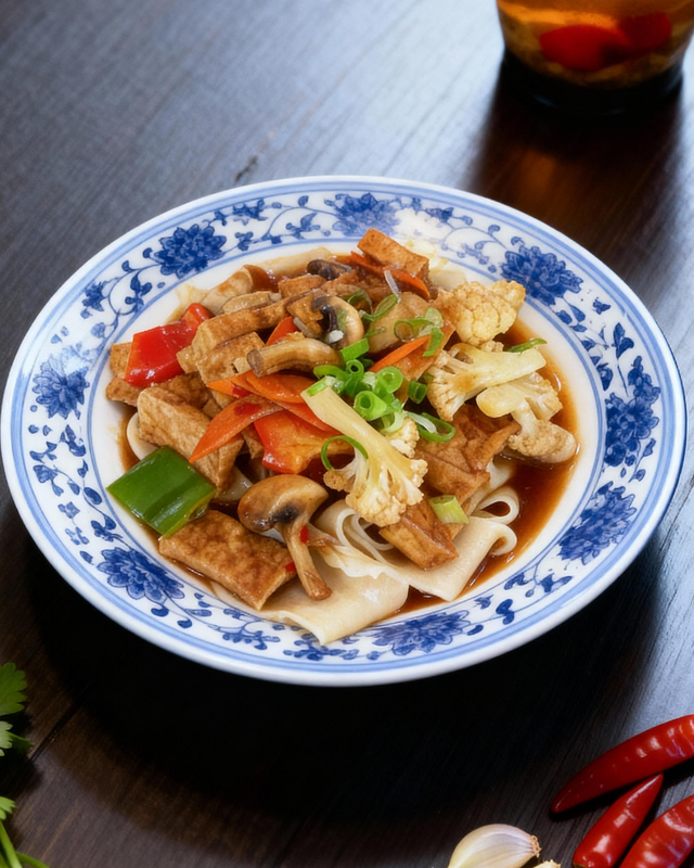 Biangbiang-Nudeln mit gebratenem Tofu nach Hausmannsart