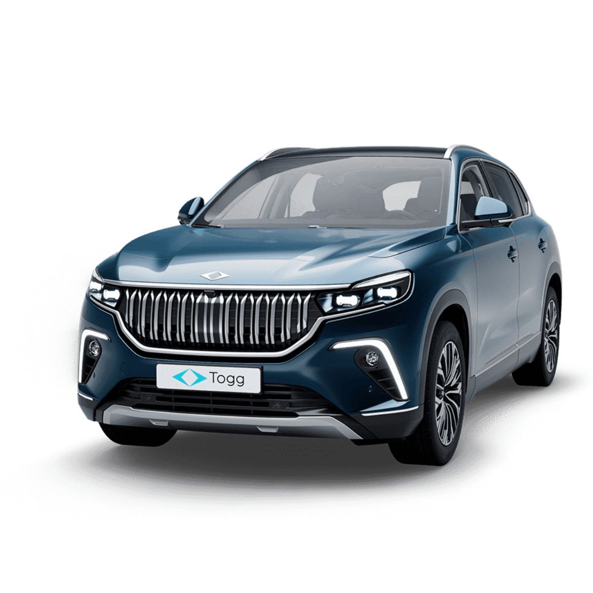 Blaues Modell der Marke Togg auf weißem Hintergrund.