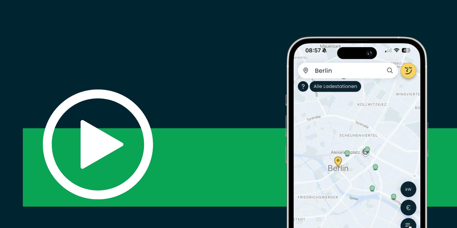 Smartphone zeigt die Lowago App. Daneben wird ein Play-Symbol gezeigt.