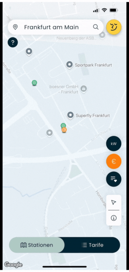 Lowago App Screen zeigt Ladestationen auf einer Karte an