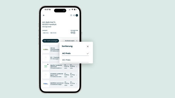 Bild aus der Lowago App, das verfügbare Tarife an einer Station zeigt, welche man nach dem Preis filtern kann.