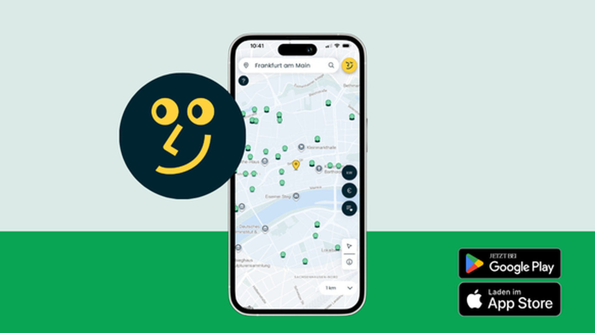 Lowago App zeigt Ladestationen auf Karte und Buttons verweisen auf Download in App Stores