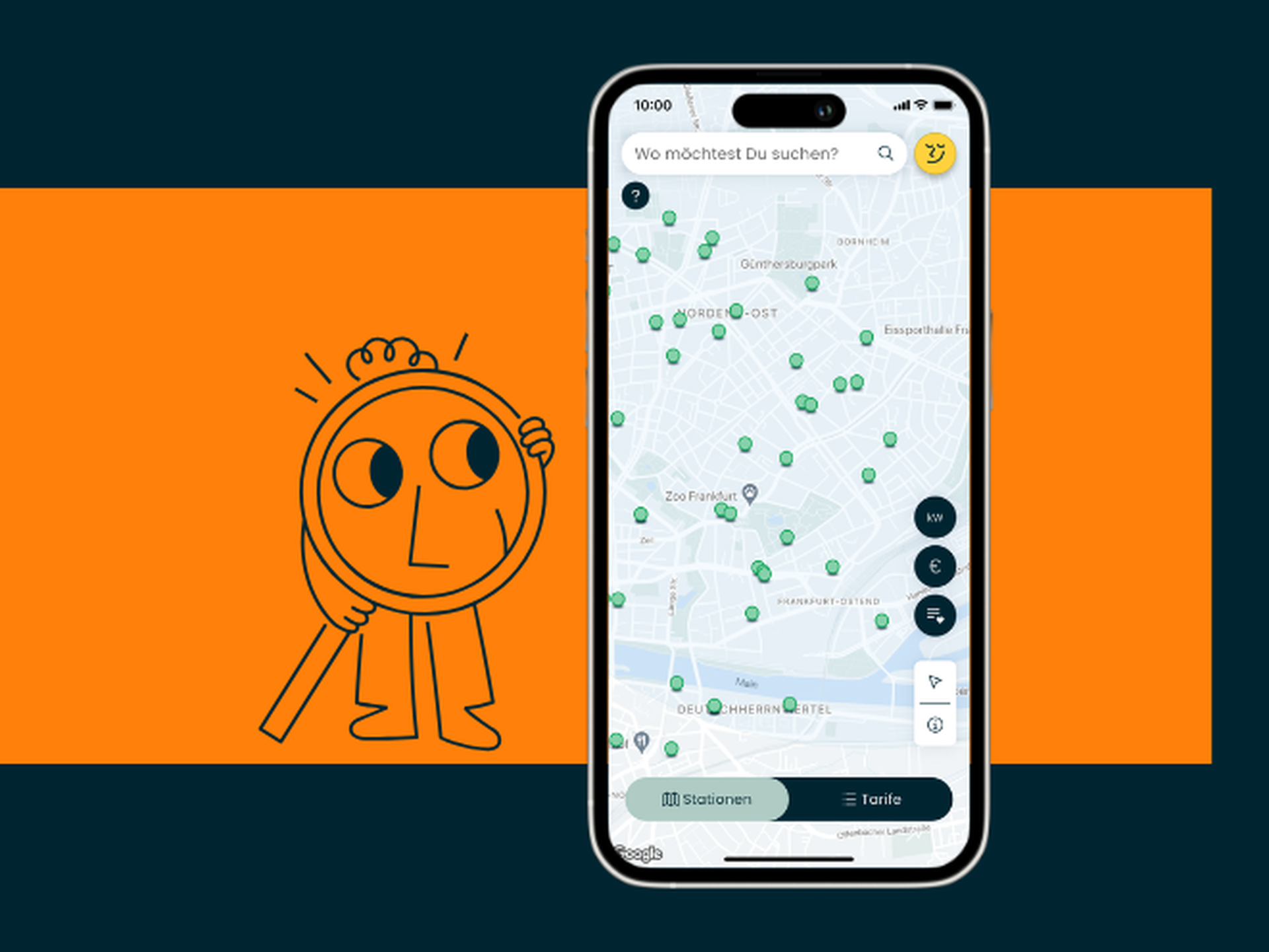 Smartphone zeigt einen Ausschnitt der Lowago App, in der Ladestationen gefunden werden können.
