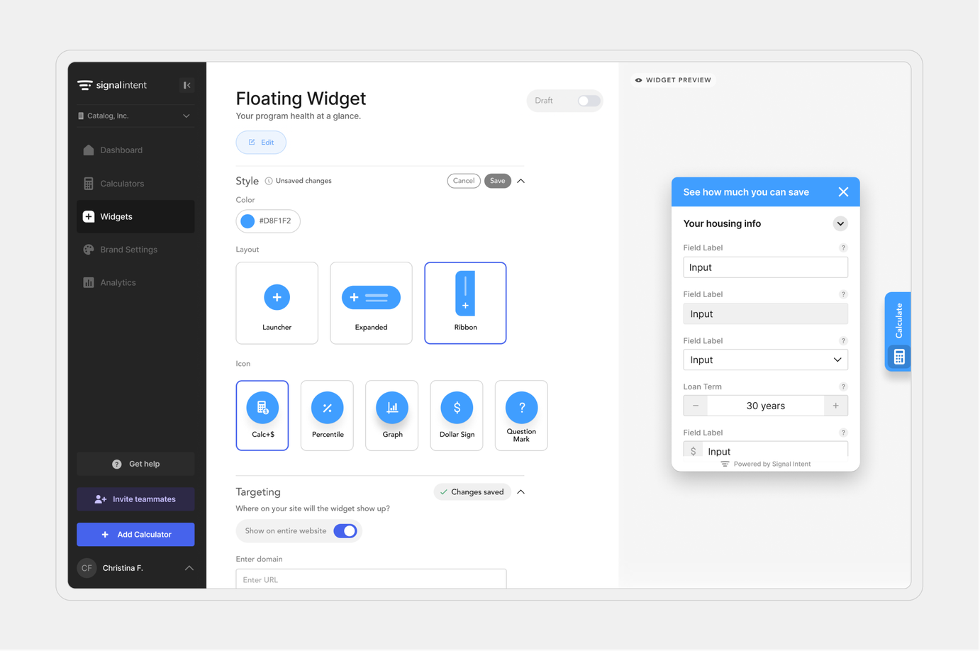 Signal Intent widget settings