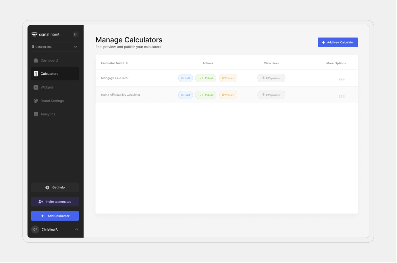 Signal Intent calculator management
