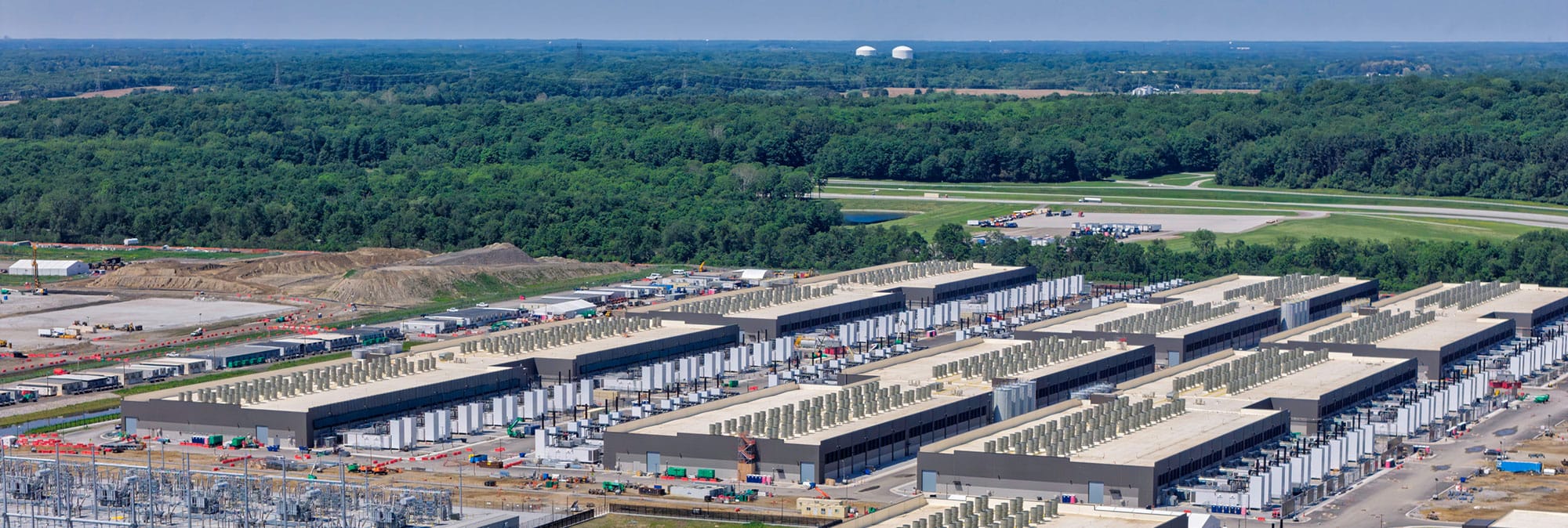 Aerial view of a hyperscale data center campus