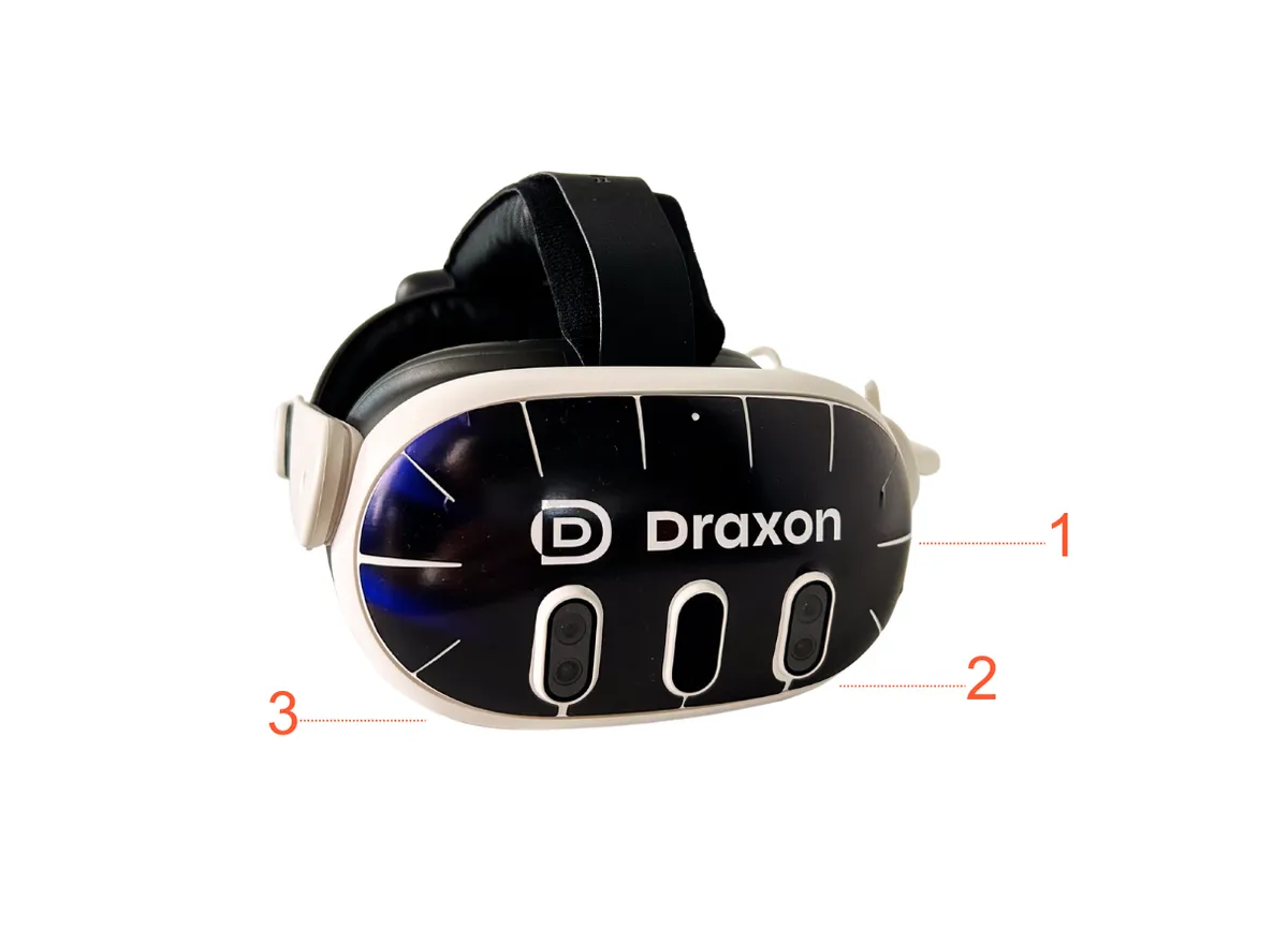 Annotated diagram of the Meta Quest 3 headset showing key components