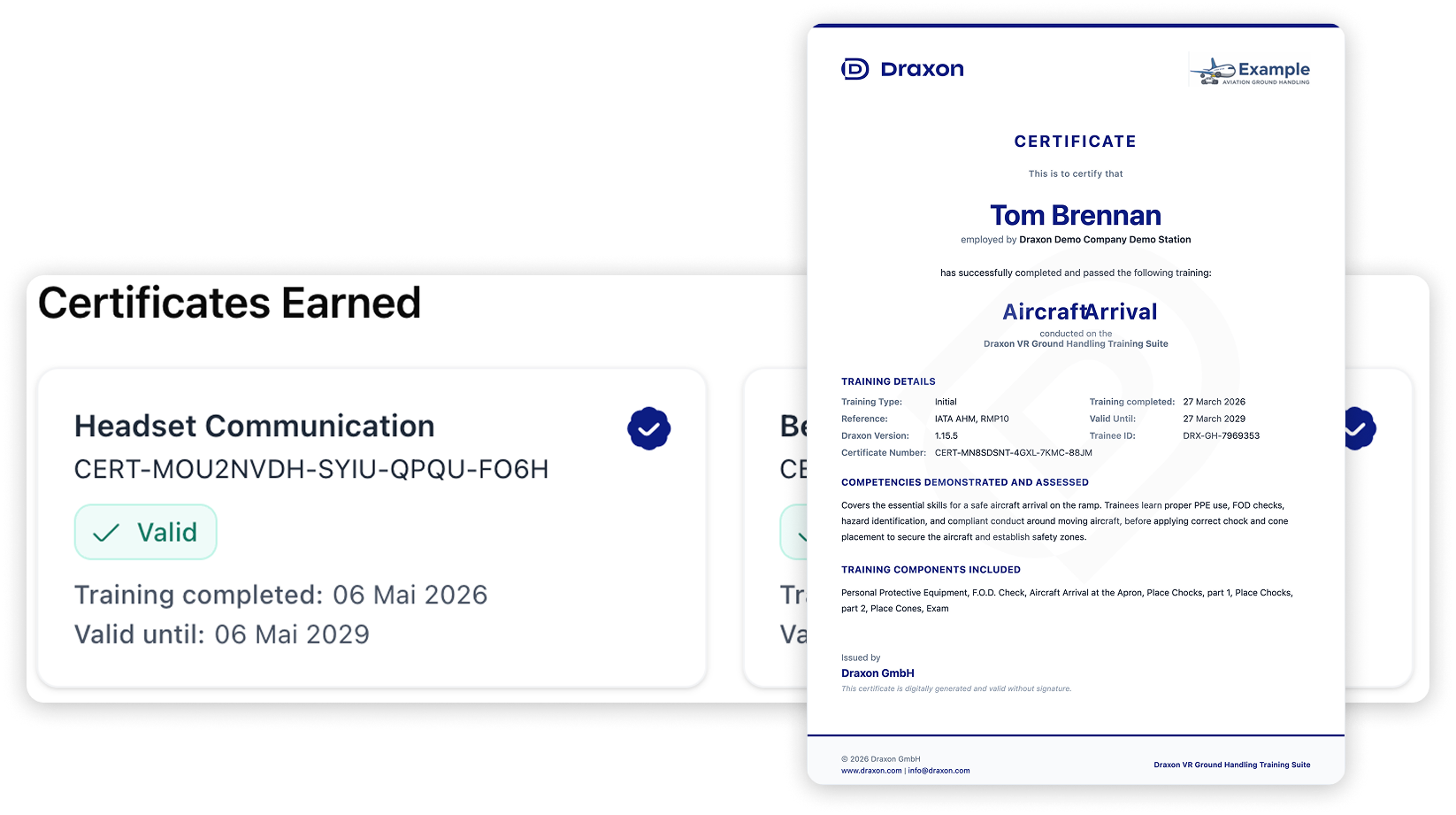 Digital certificates for "Headset Communication" and "Aircraft Arrival" training, showing completion and validity dates.