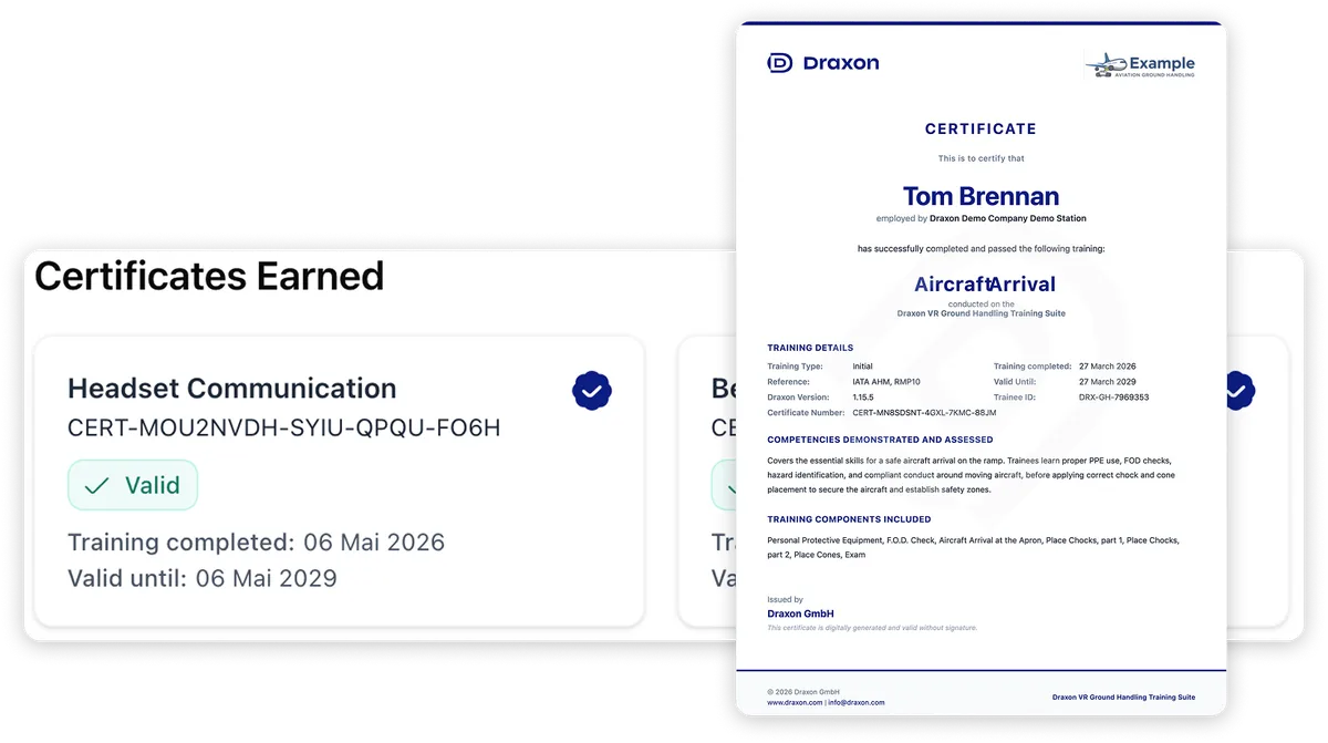 Digital certificates for "Headset Communication" and "Aircraft Arrival" training, showing completion and validity dates.