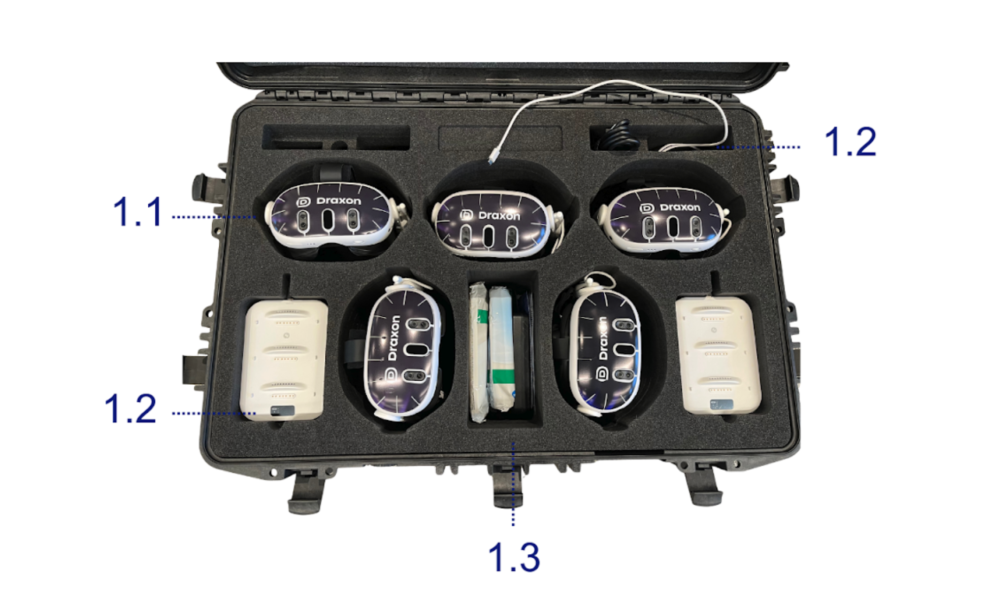 Inside the Draxon VR case showing headset compartments, charging setup, and accessories