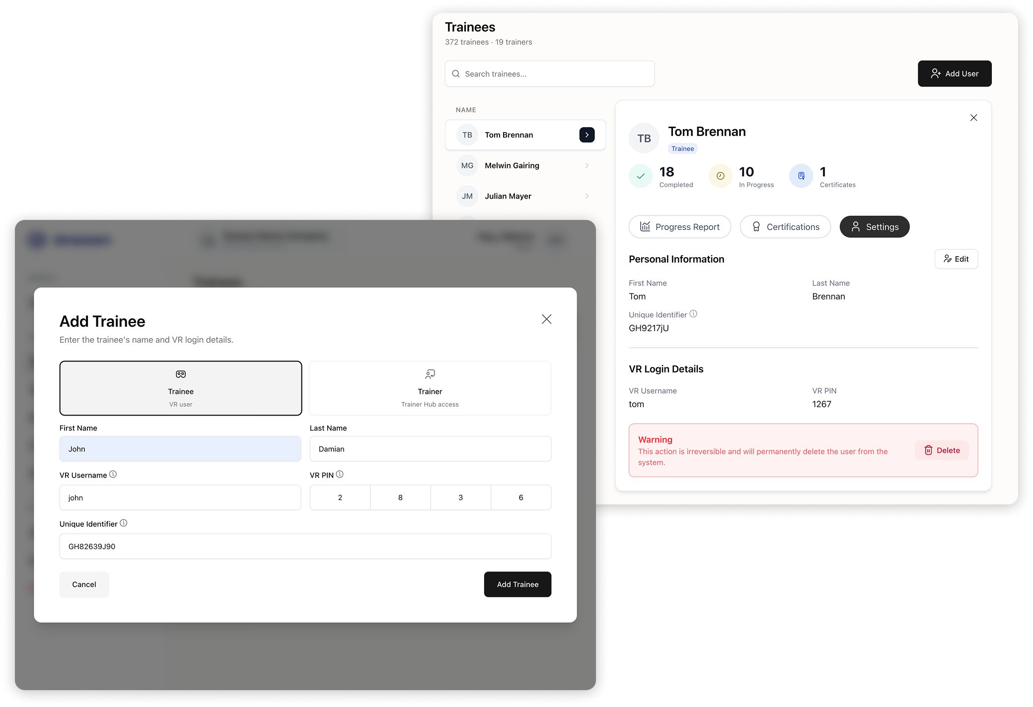 User list interface with trainee details, progress, and options to add or delete users.