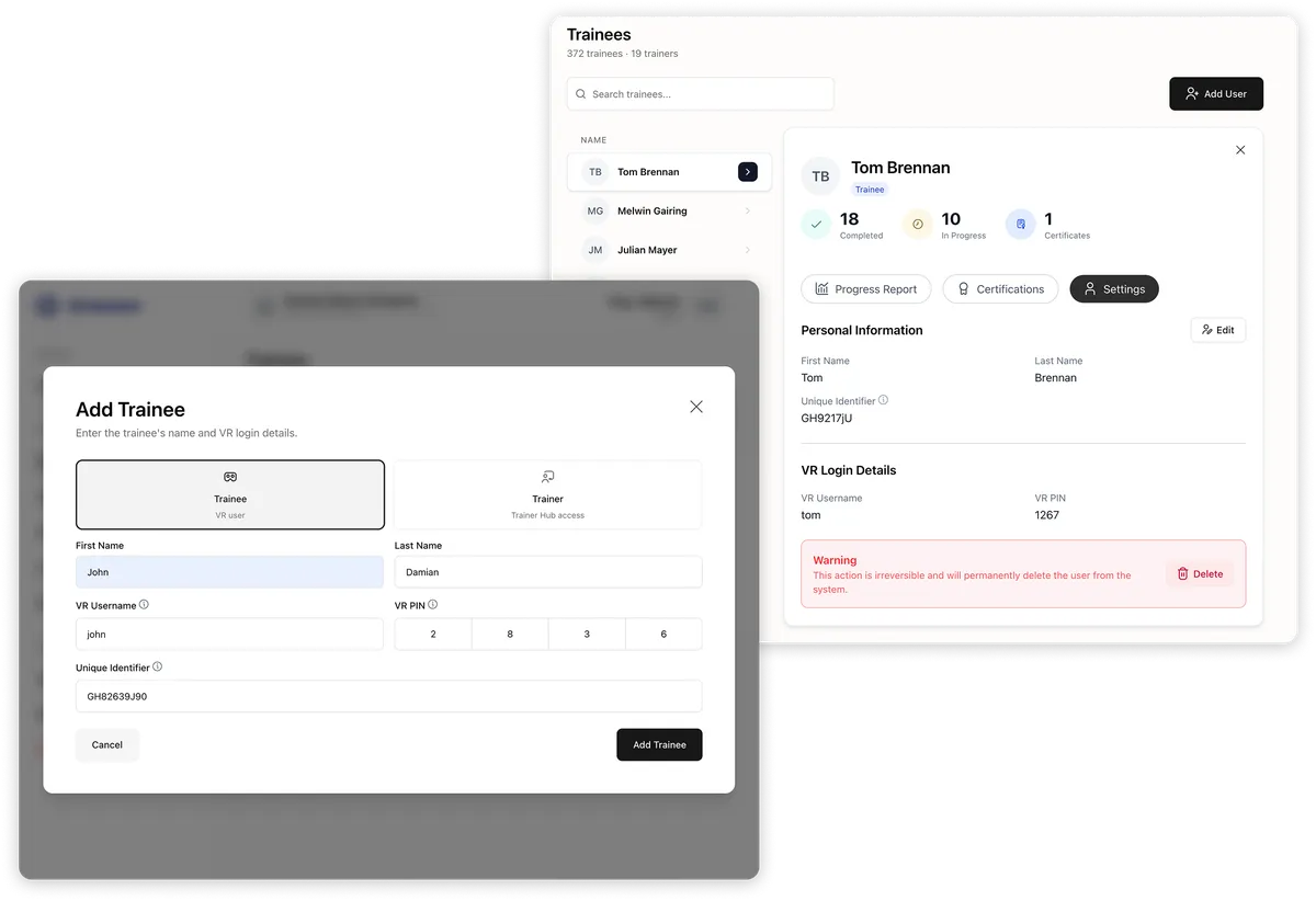 User list interface with trainee details, progress, and options to add or delete users.