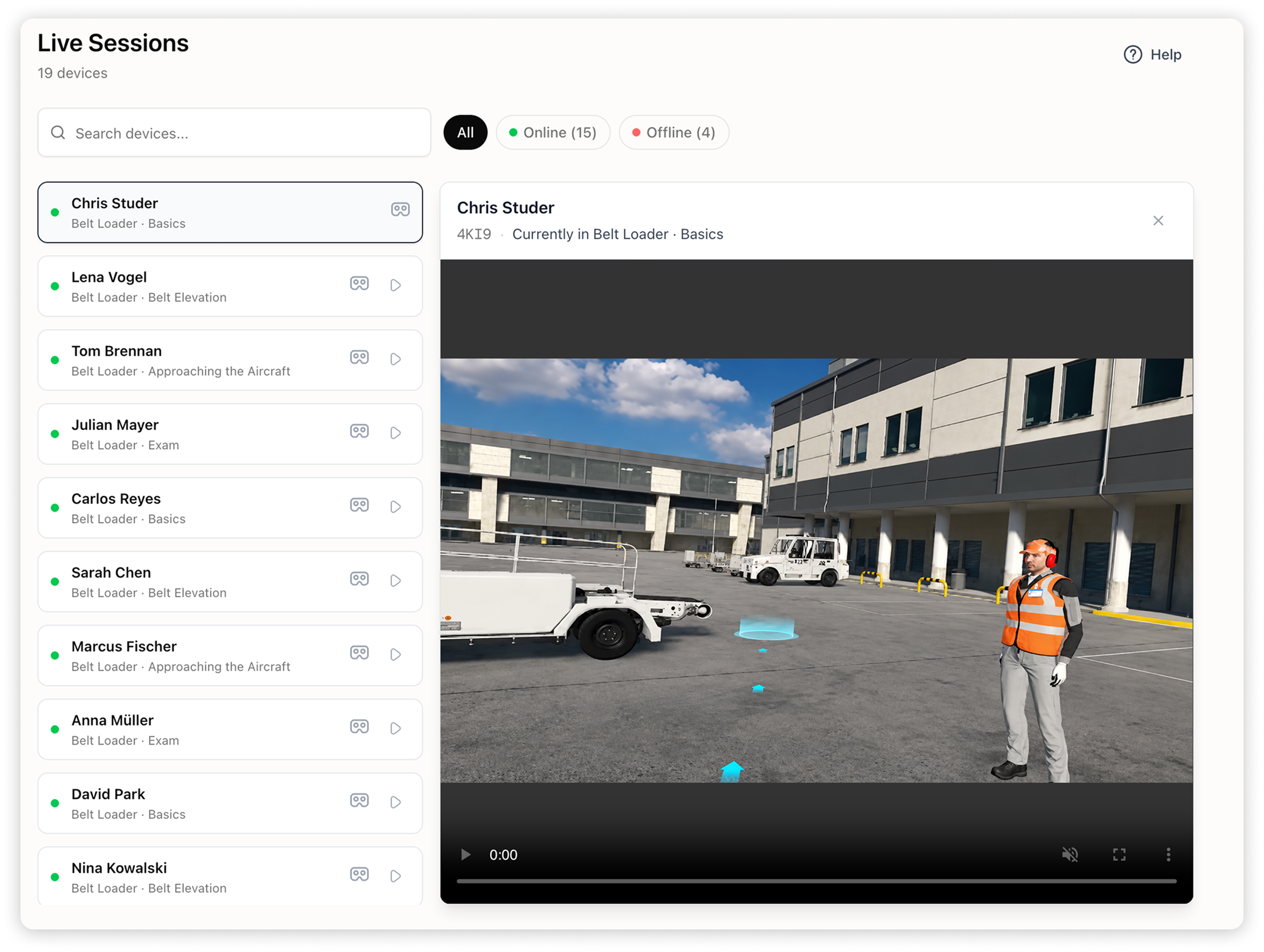 Live session interface showing a list of trainees and a video of a worker in high-vis gear at an airport.