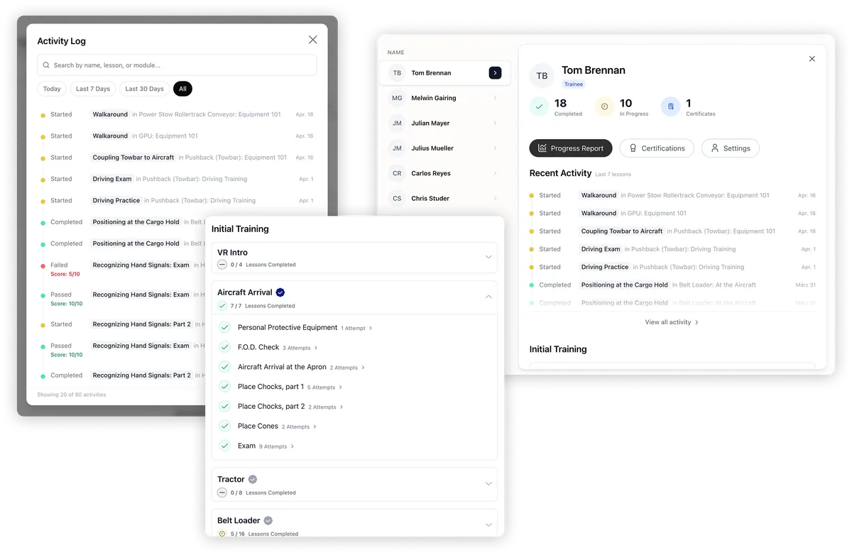 Training dashboard showing activity log, progress report, and initial training modules like aircraft arrival and belt loader.
