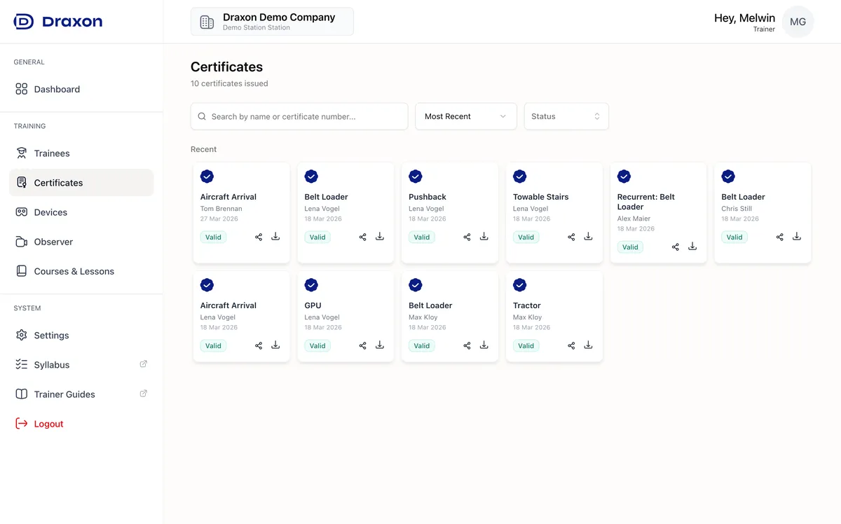 Certificates page with certificate cards