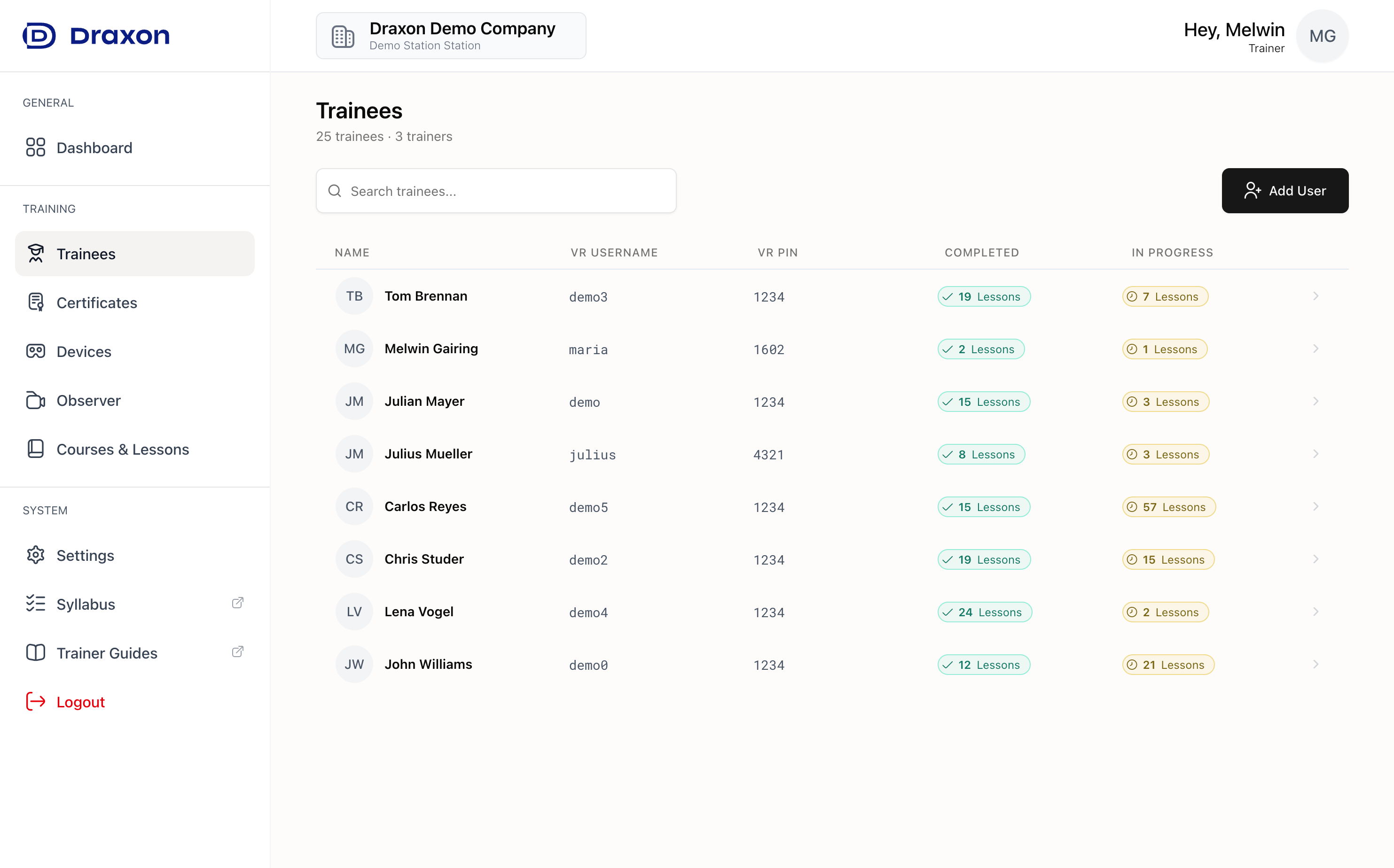 Trainees page showing trainee list with VR credentials and progress