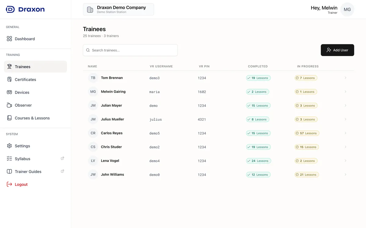 Trainees page showing trainee list with VR credentials and progress